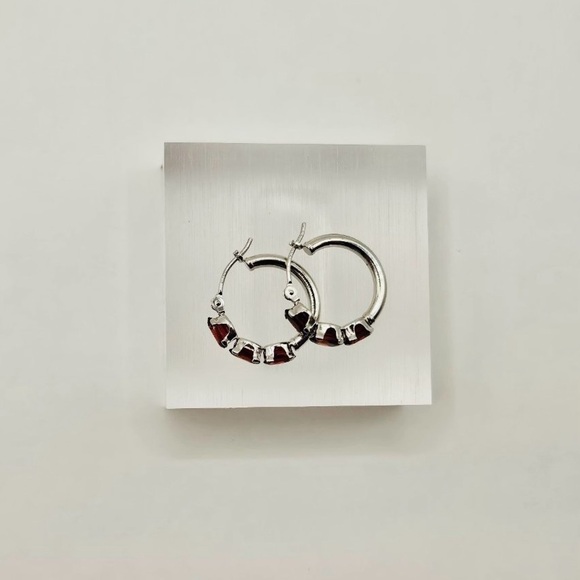 10K White Gold Genuine Garnet Hoop Earrings - Picture 6 of 8